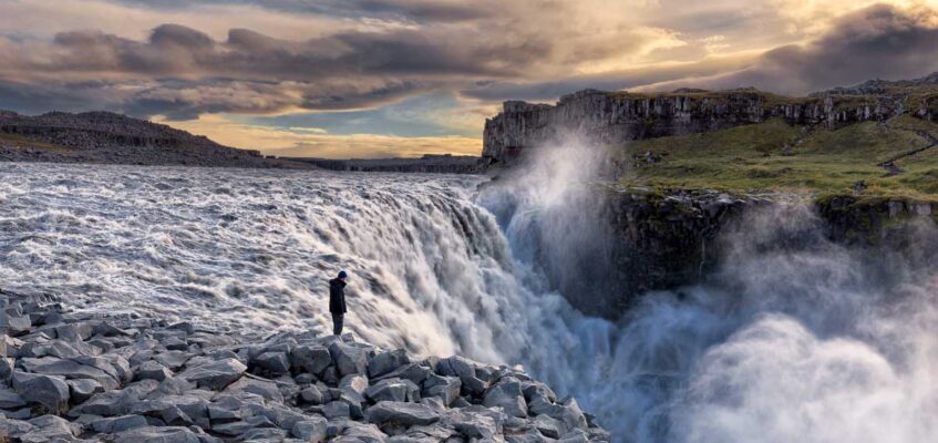 Sunset at the powerful Dettifoss waterfall