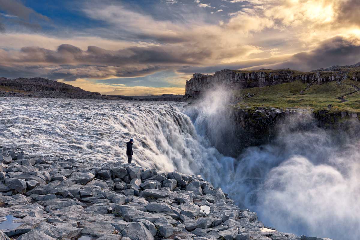 Sunset at the powerful Dettifoss waterfall