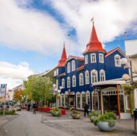 Akureyri, Iceland - Beautiful vintage buildings in downtown Akureyri city, Iceland