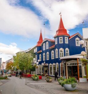 Akureyri, Iceland - Beautiful vintage buildings in downtown Akureyri city, Iceland