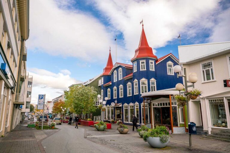 Akureyri, Iceland - September 21, 2016: Beautiful vintage buildings  in downtown Akureyri city, Iceland
