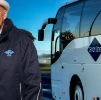 Friendly driver for Keflavik airport shuttle bus on the road