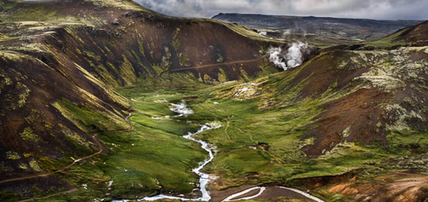 A view on a canyon and a river from a helicopter