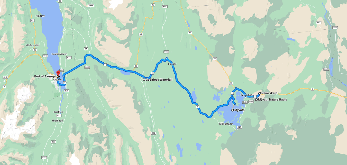 Godafoss Waterfall Myvatn nature bath day tour route map