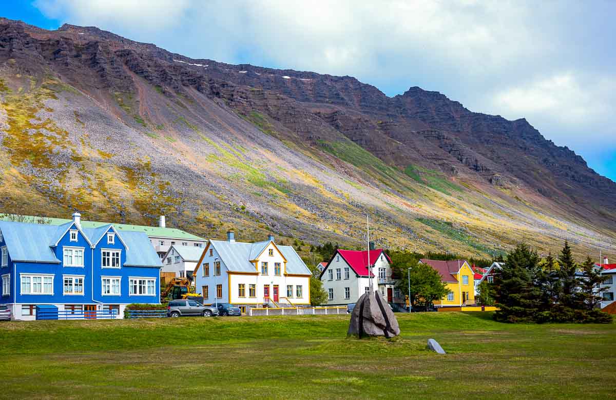 Isafjordur, Iceland, the houses in traditional style that overlook the Tungata square
