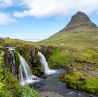 Kirkjufell Mountain and Waterfall in summer