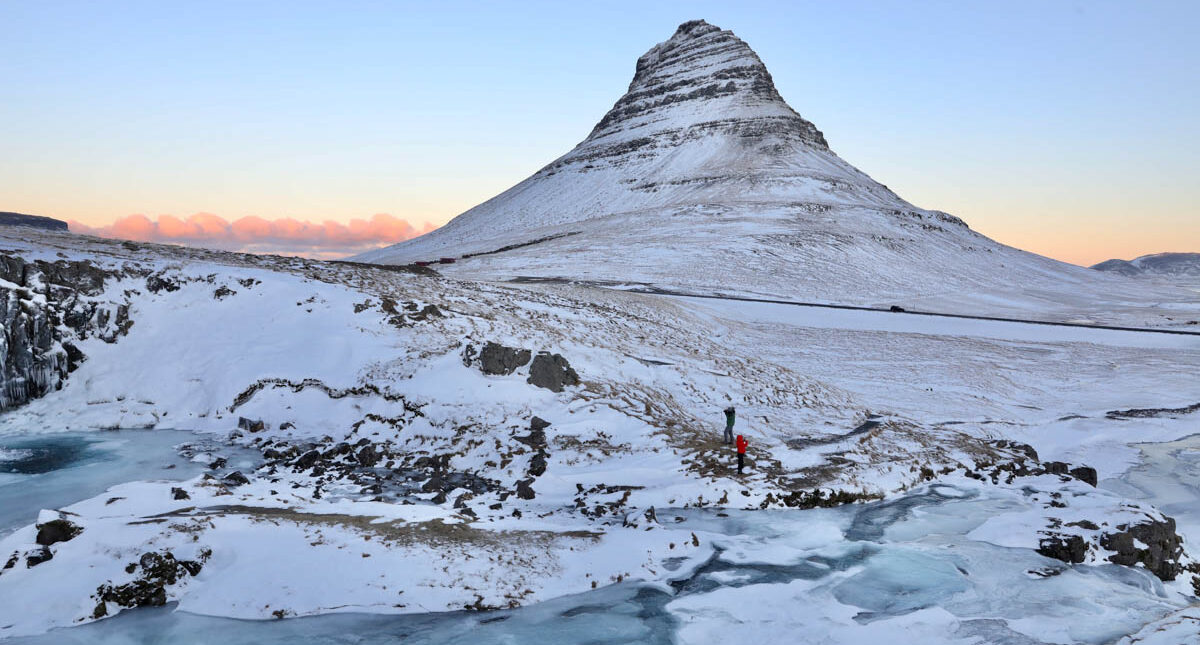 Kirkjufell mountain and waterfall in winter