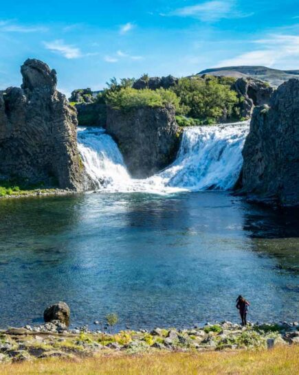 Hjálparfoss waterfall located in Iceland's highland