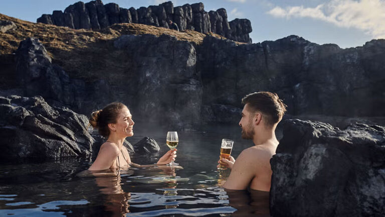 Sky Lagoon Sky Pass People having drinks at Sky Lagoon geothermal spa