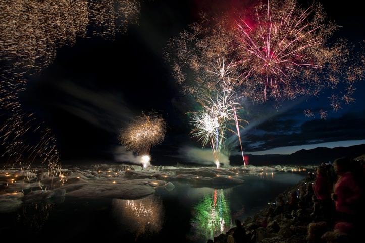 Fireworks at Jokulsarlon in August. Photo copyright © Visit Vatnajokull.