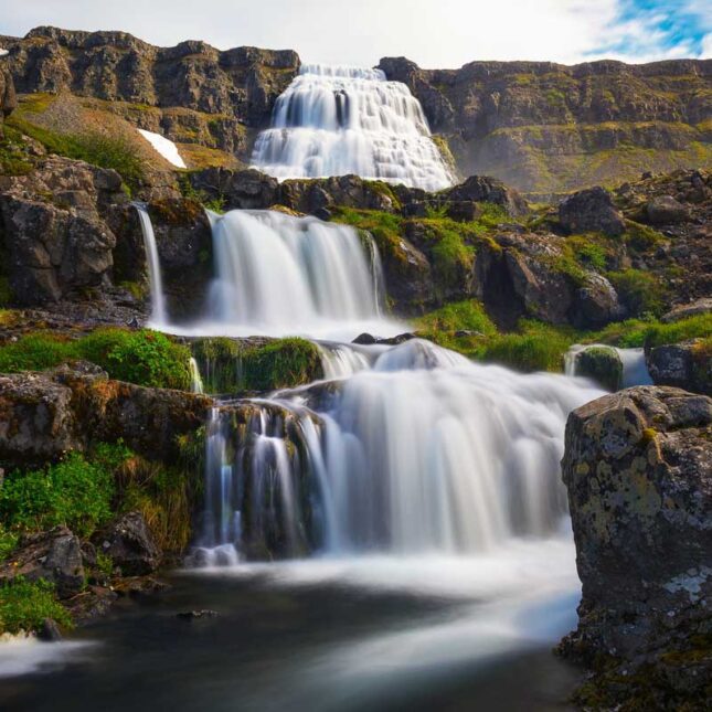 Dynjandi waterfall, also known as Fjallfoss, located on the Westfjords peninsula in northwestern Iceland. Long exposure.