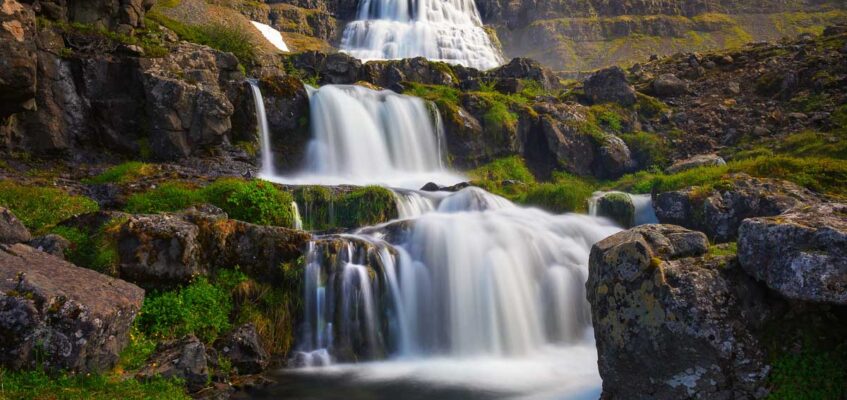 Dynjandi waterfall, also known as Fjallfoss, located on the Westfjords peninsula in northwestern Iceland. Long exposure.