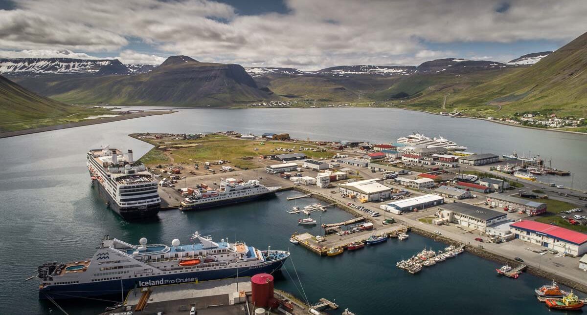 cruise ship dock in Ísafjörður overlooking the fjords