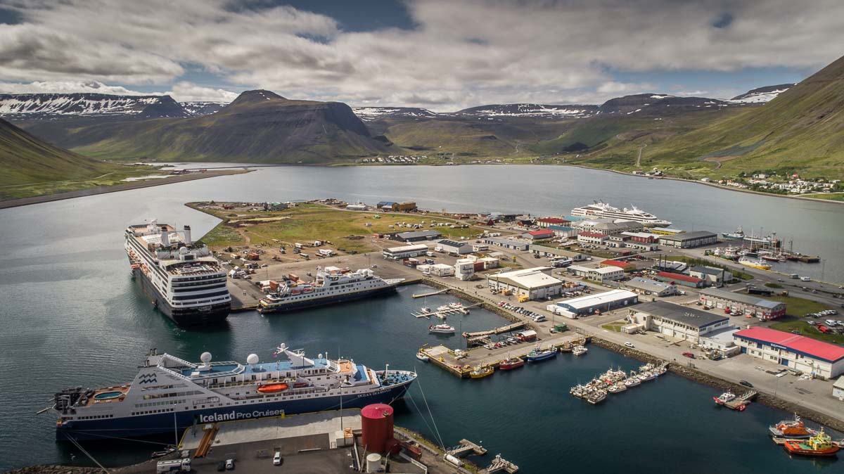 cruise ship dock in Ísafjörður overlooking the fjords