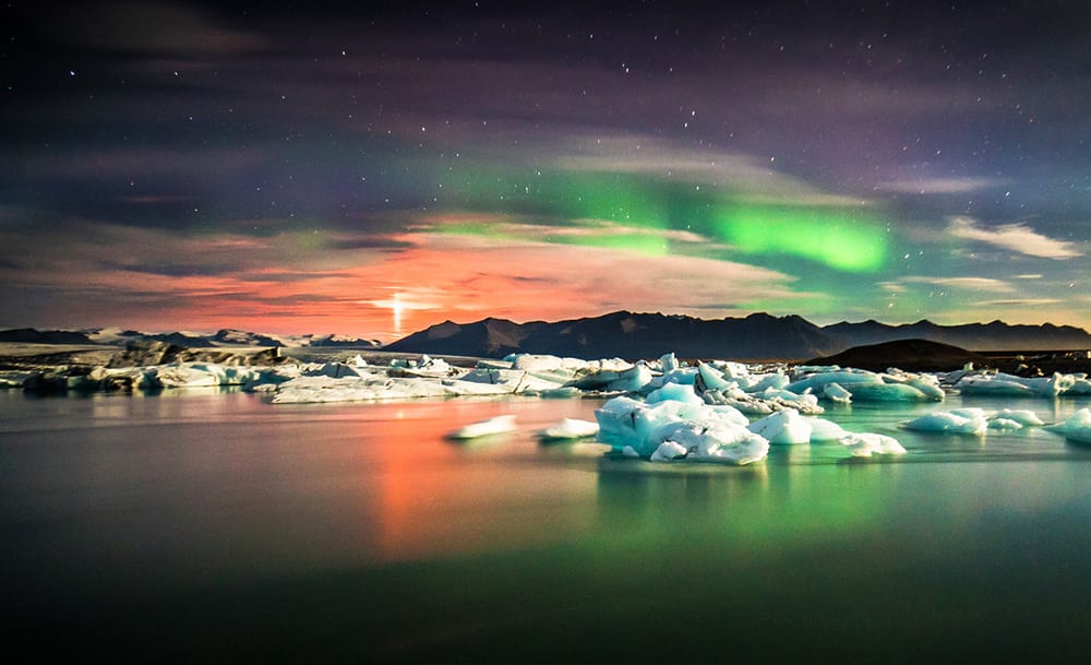 northern lights dancing over jokulsarlon