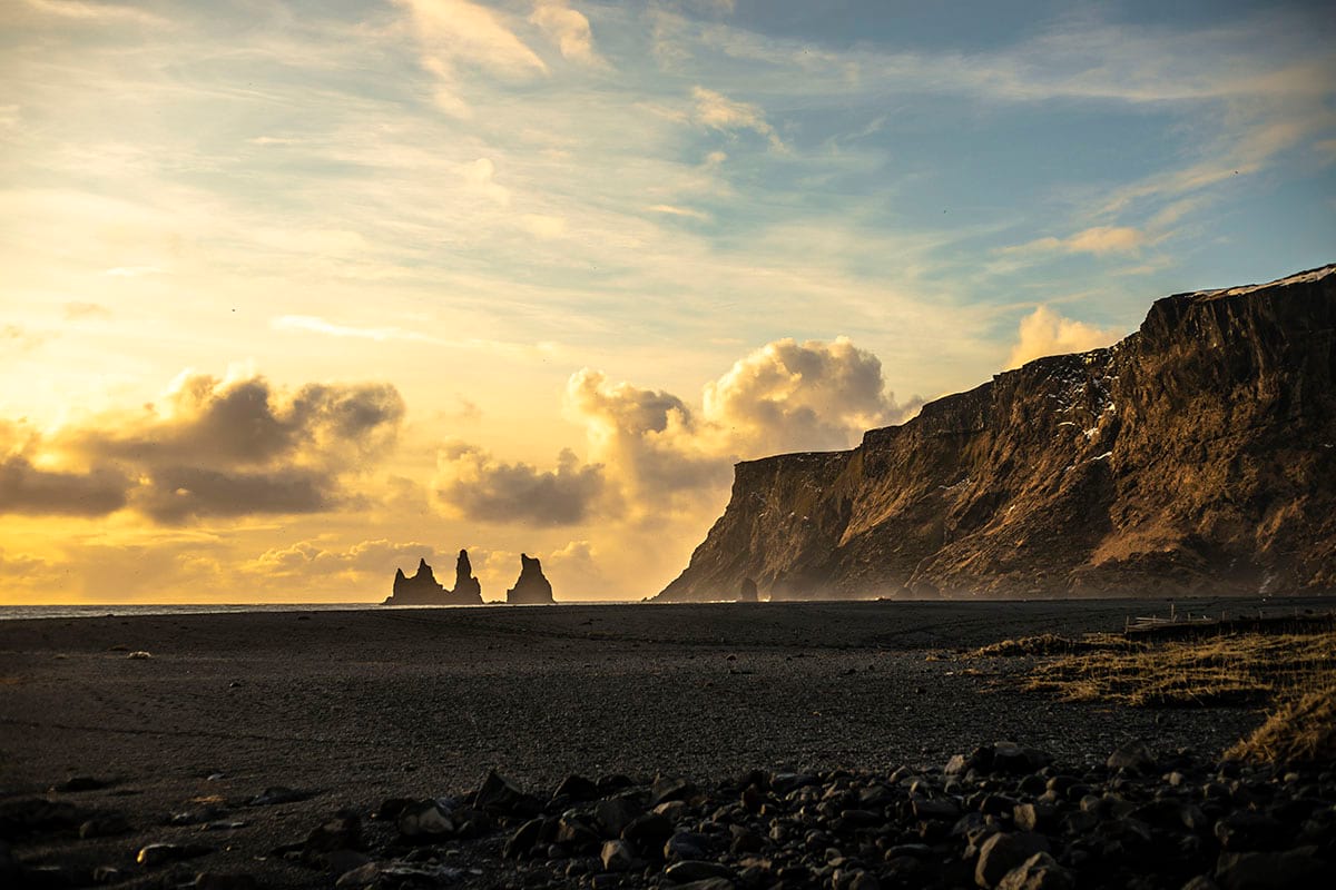 reynisdrangar sea stacks seen from vik town