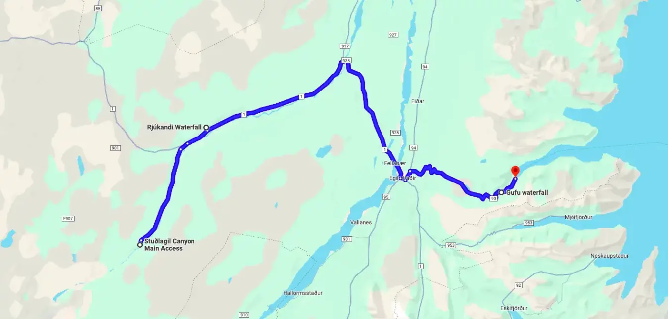 Stuðlagil Canyon tour from Seydisfjordur route map Stuðlagil Canyon tour from Seydisfjordur route map