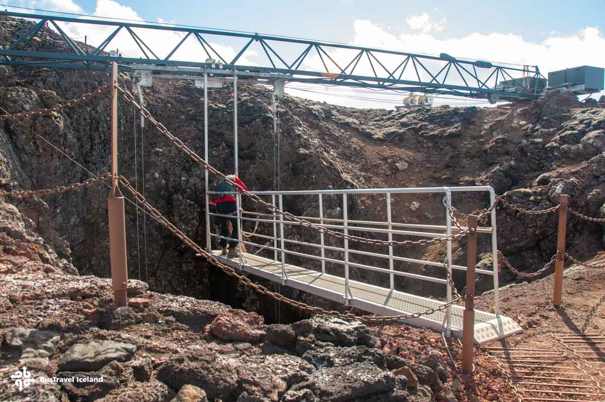 The entrance to the iron cage going inside the volcano Thrihnukagigur.