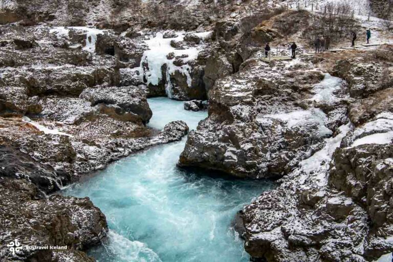 Barnafossar waterfall in West Iceland in winter