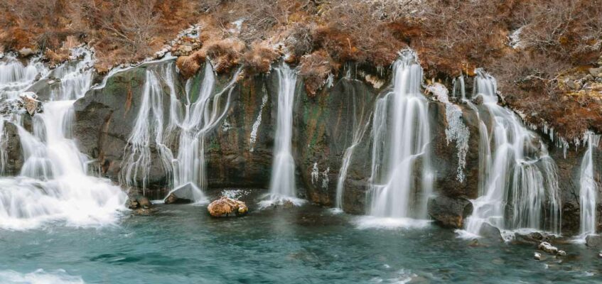 Hraunfossar waterfall in West Iceland in winter