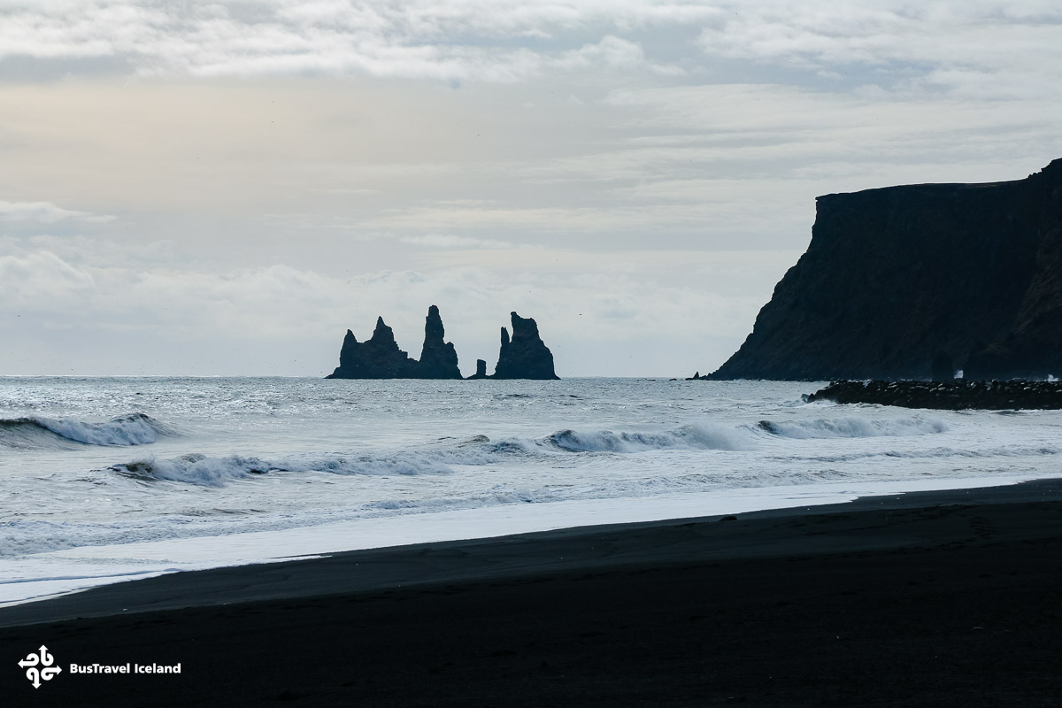 Black sand beach in Vik i Myrdal South Iceland-5332 Seeing Reynisdragar sea stacks from Vik i Myrdal of South Iceland