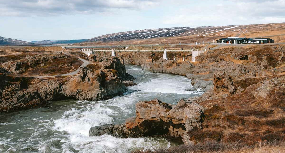 Goðafoss waterfall is located in North Iceland renowned for its stunning horseshoe shape