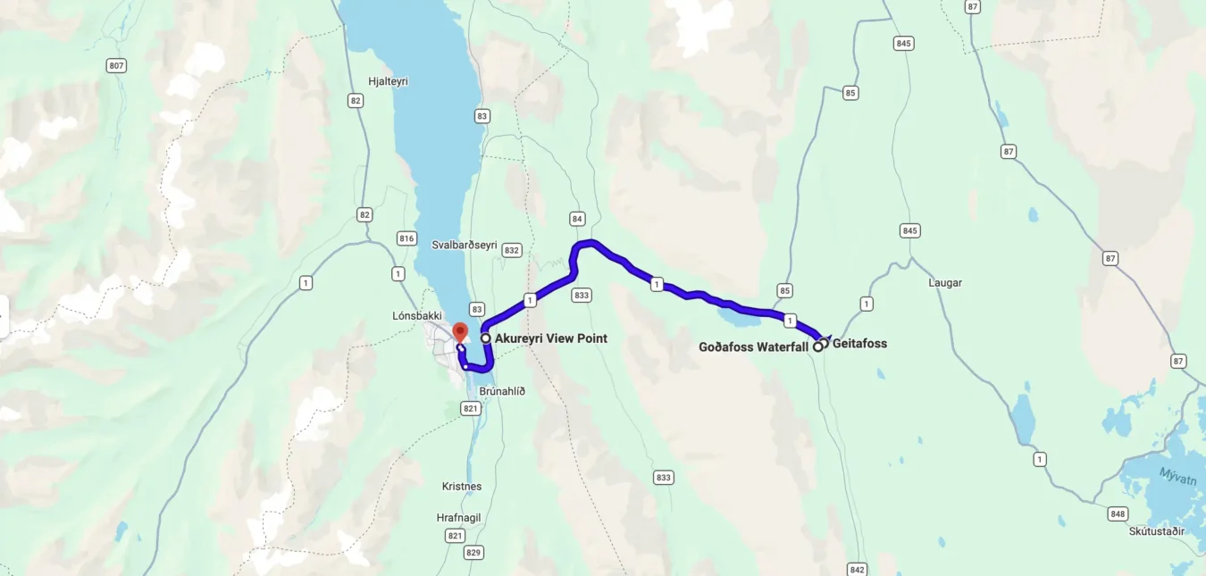 Godafoss Waterfall & Fjord Views Tour from Akureyri route map