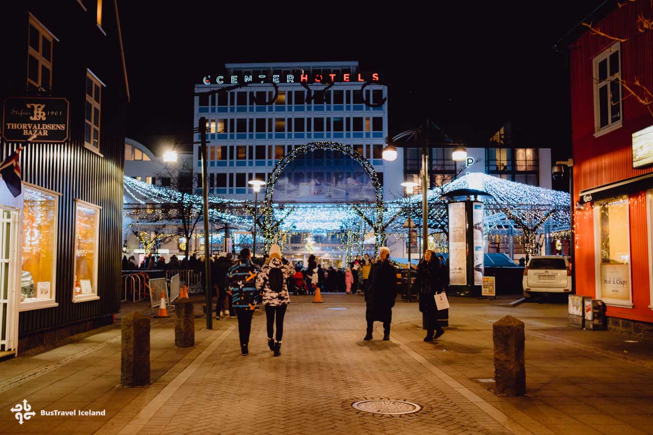 Ingolfur Square in Reykjavik decorated with Christmas lights Icealnd Ingolfur Square in Reykjavik decorated with Christmas lights Icealnd