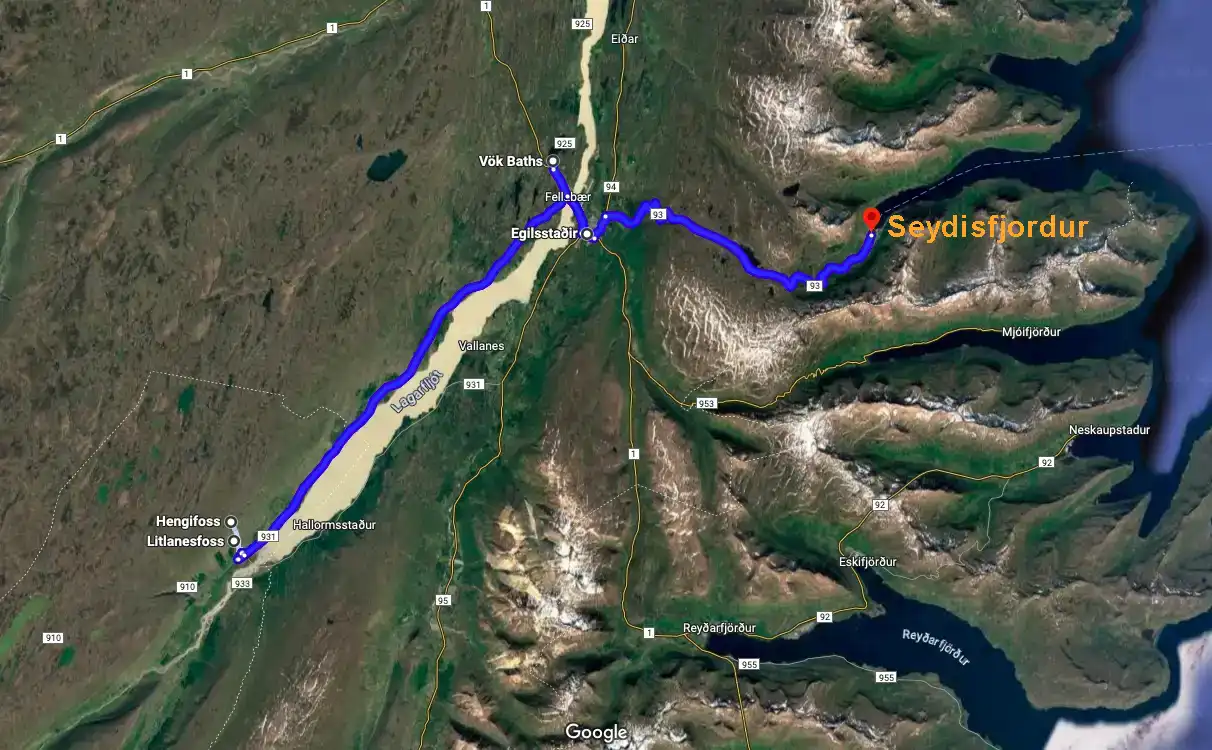 Hengifoss and Litlanesfoss Waterfalls Hike & Vök Baths day trip route from Seydisfjordur Hengifoss and Litlanesfoss Waterfalls Hike & Vök Baths day trip route from Seydisfjordur