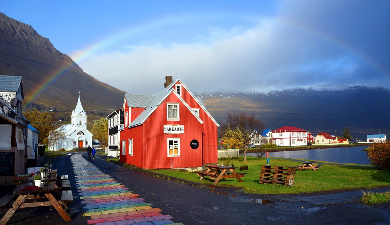 Seyðisfjarðarkirkja in Seydisfjordur East Iceland rainbow Seyðisfjarðarkirkja in Seydisfjordur East Iceland rainbow