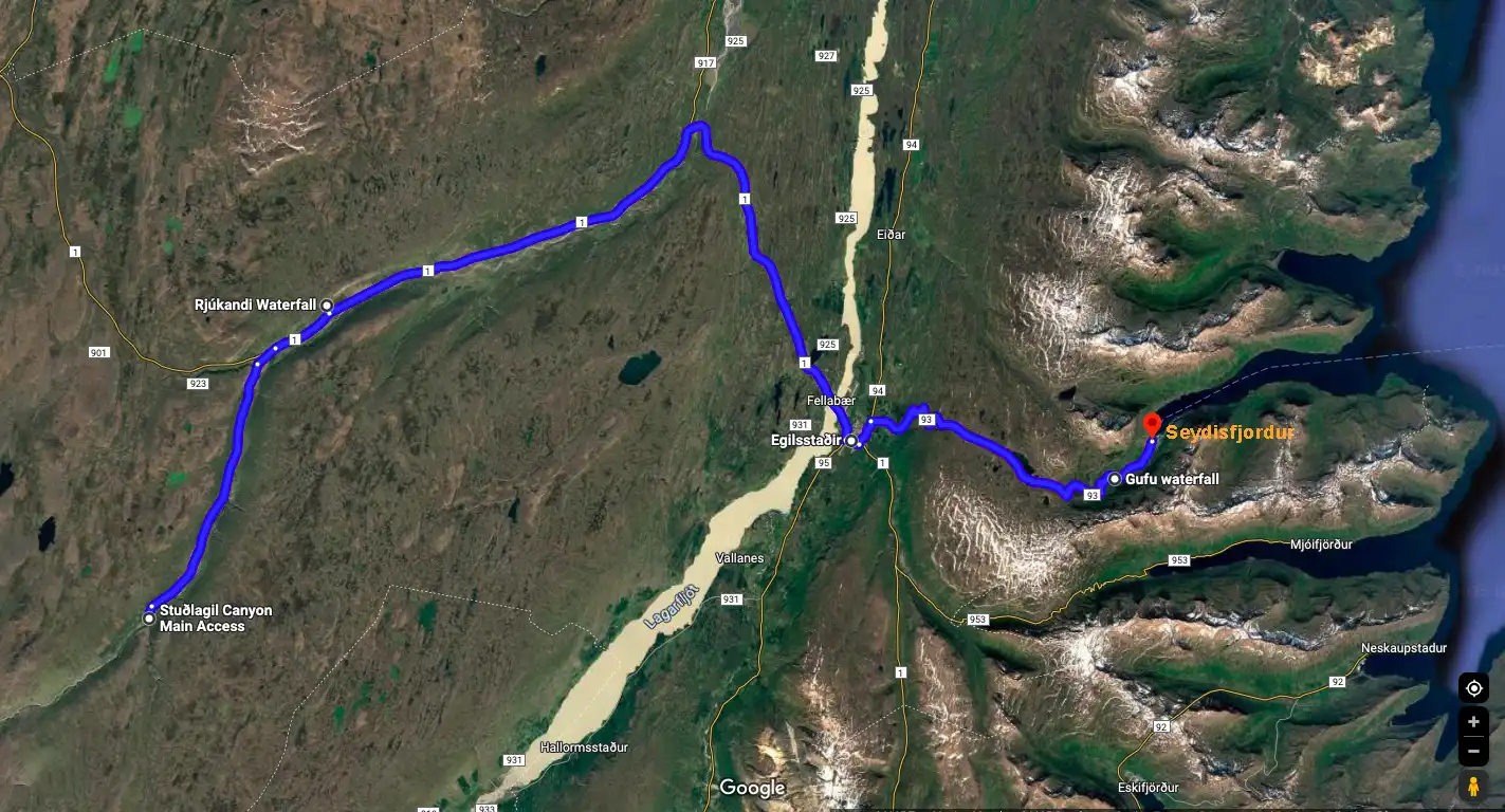 Stuðlagil Canyon & Waterfall Adventure day trip route Stuðlagil Canyon & Waterfall Adventure day trip route from Seydisfjordur
