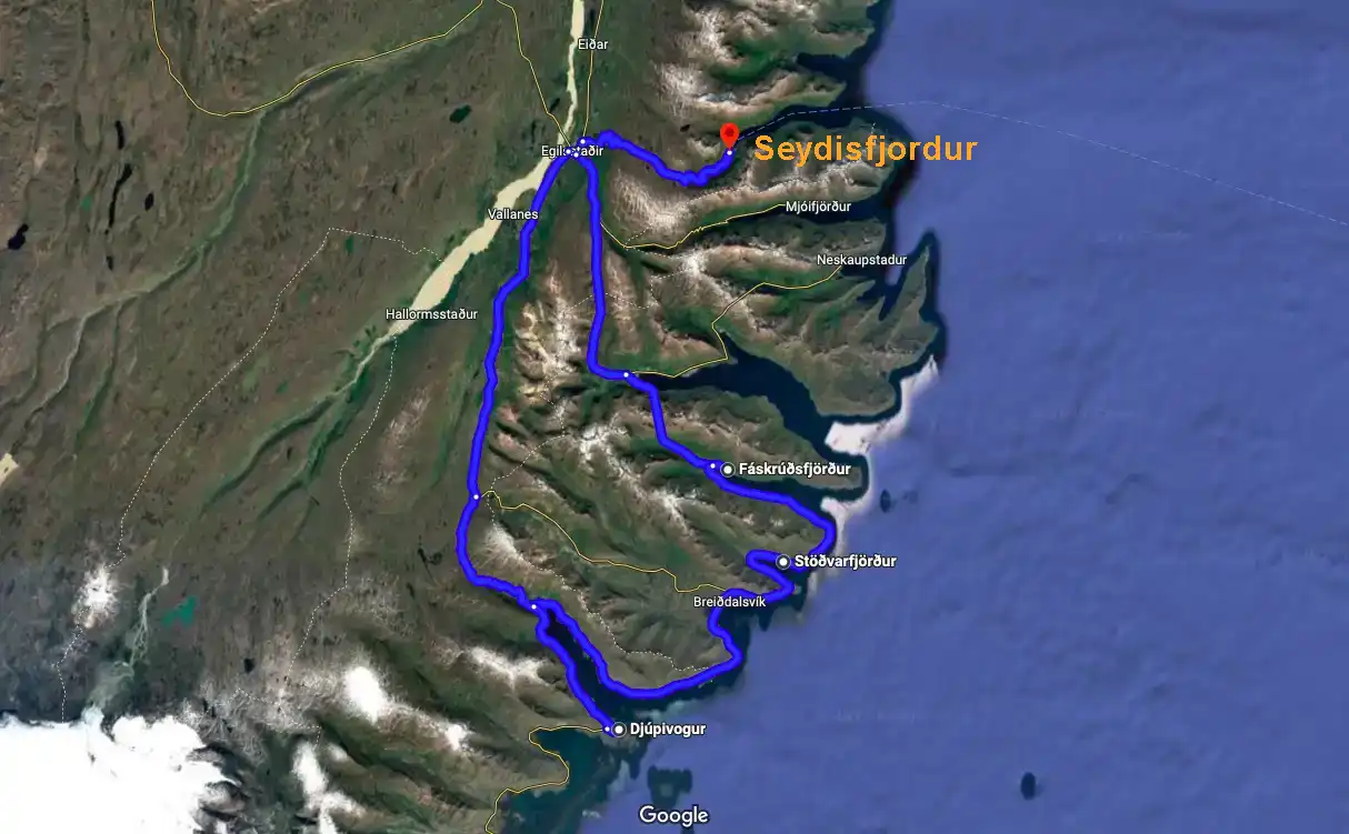 The East Fjords Coastal Drive day trip route from Seydisfjordur The East Fjords Coastal Drive day trip route from Seydisfjordur