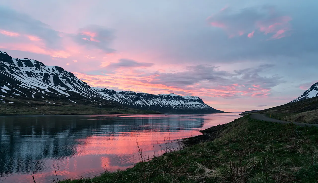 The fjord of Seydisfjordur at sunset summer East Iceland The fjord of Seydisfjordur at sunset summer East Iceland