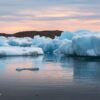 Jokulsarlon Glacier Lagoon filled with glacial icebergs in April 2025, South Iceland