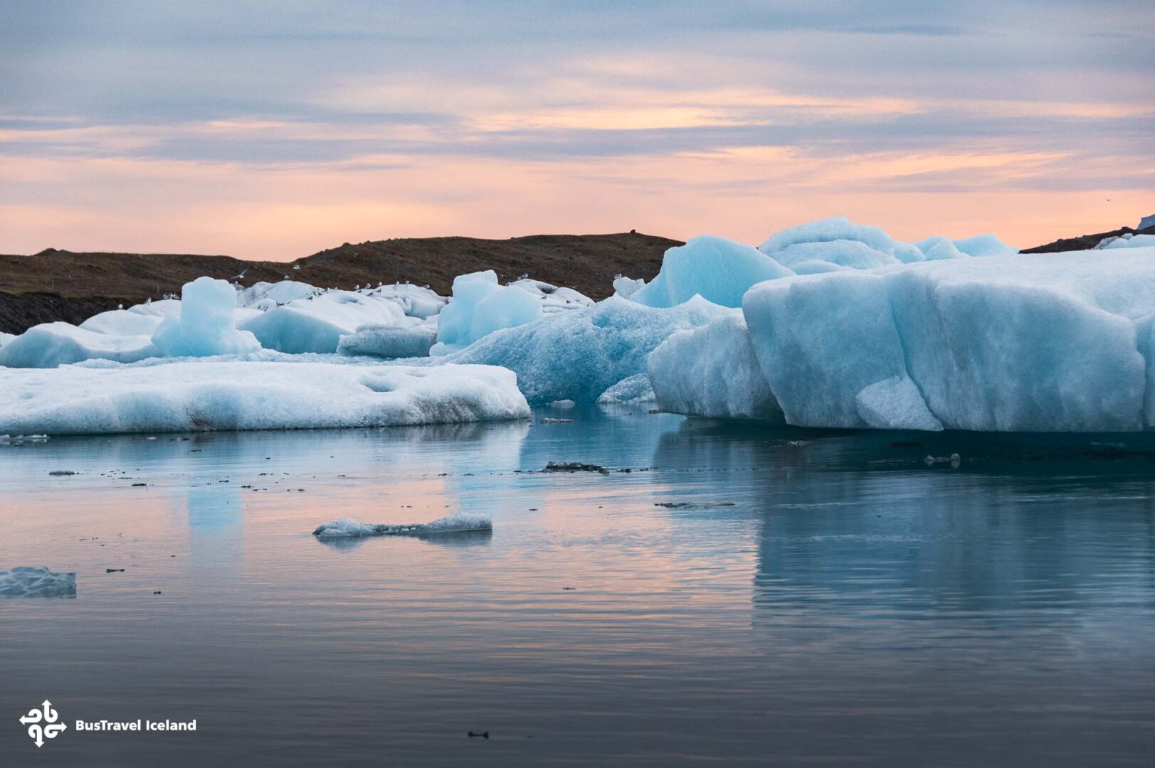 Jokulsarlon Glacier Lagoon filled with glacial icebergs in April 2025, South Iceland