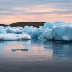 Jokulsarlon Glacier Lagoon filled with glacial icebergs in April 2025, South Iceland