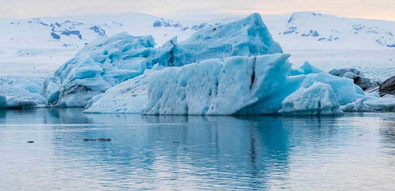 Jokulsarlon Glacier Lagoon filled with glacial icebergs in April 2025, South Iceland