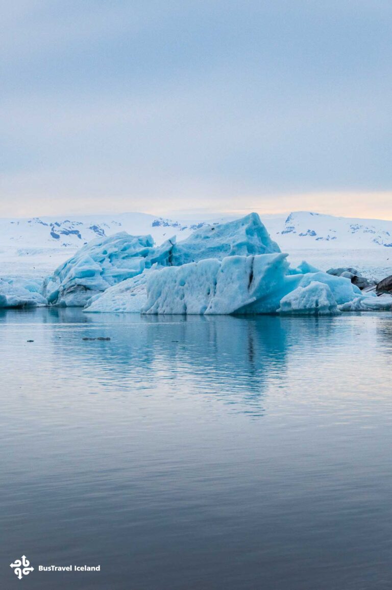 Jokulsarlon Glacier Lagoon filled with glacial icebergs in April 2025, South Iceland