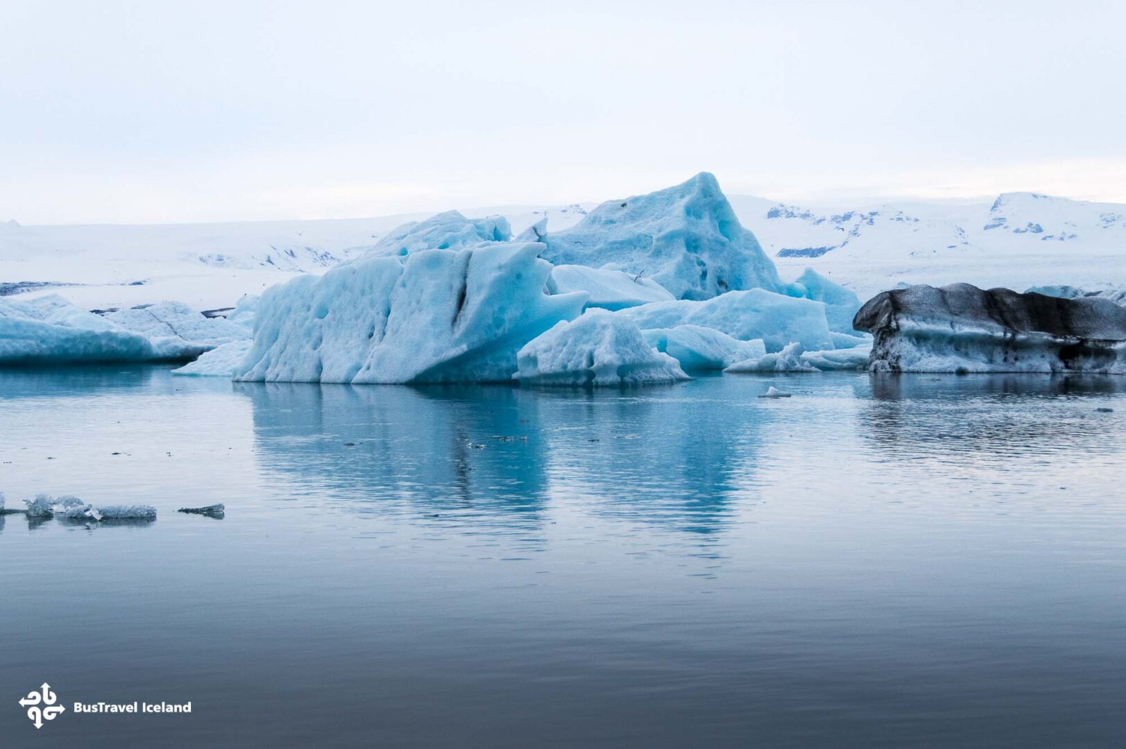 Jokulsarlon Glacier Lagoon filled with glacial icebergs in April 2025, South Iceland