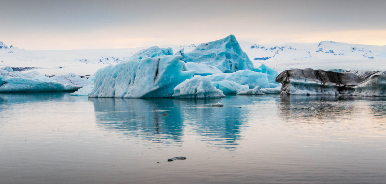 Jokulsarlon Glacier Lagoon filled with glacial icebergs in April 2025, South Iceland