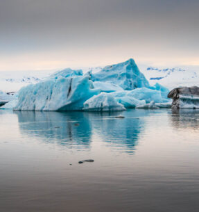 Jokulsarlon Glacier Lagoon filled with glacial icebergs in April 2025, South Iceland