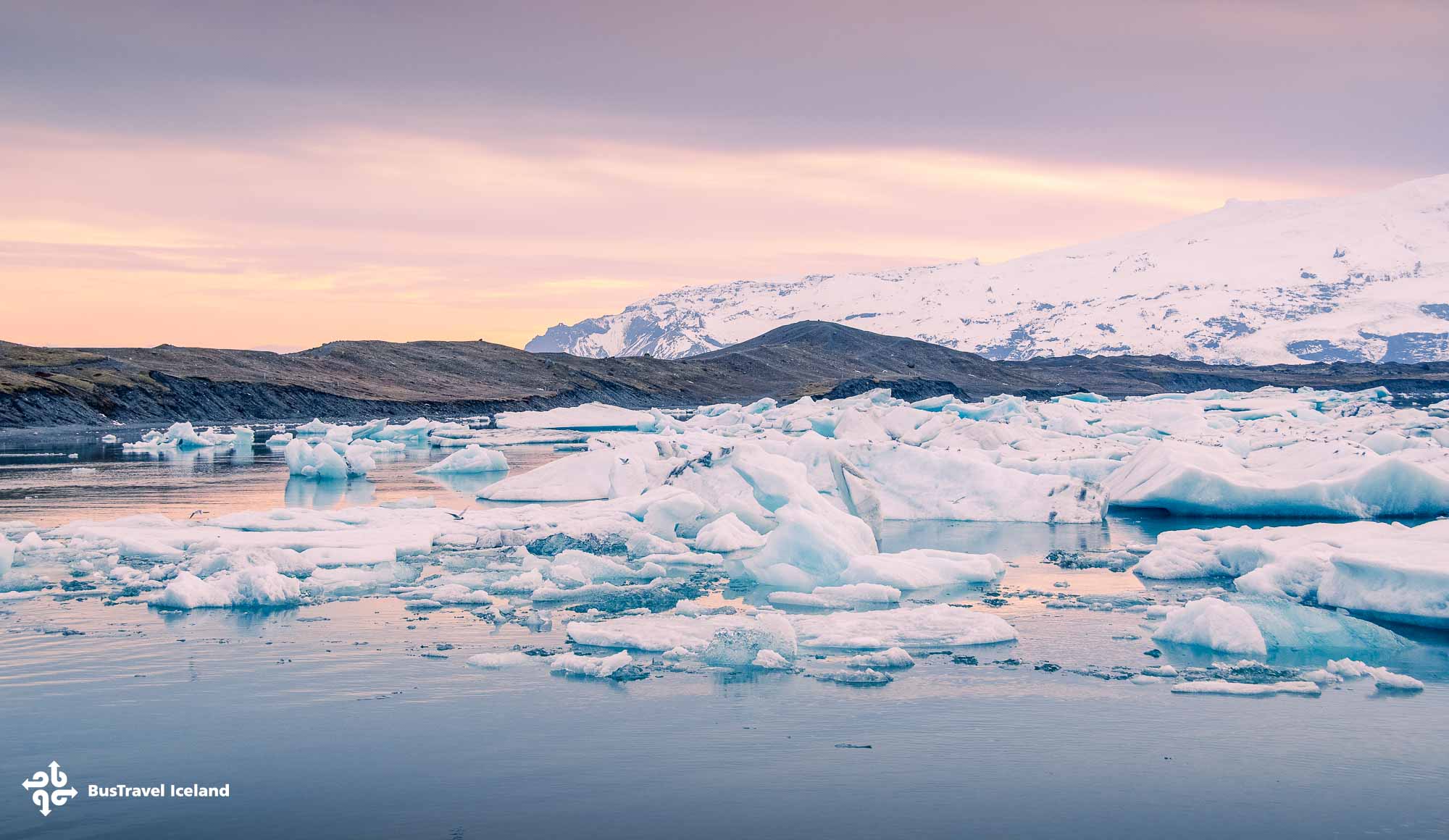 Jokulsarlon Glacier Lagoon filled with glacial icebergs in April 2025, South Iceland