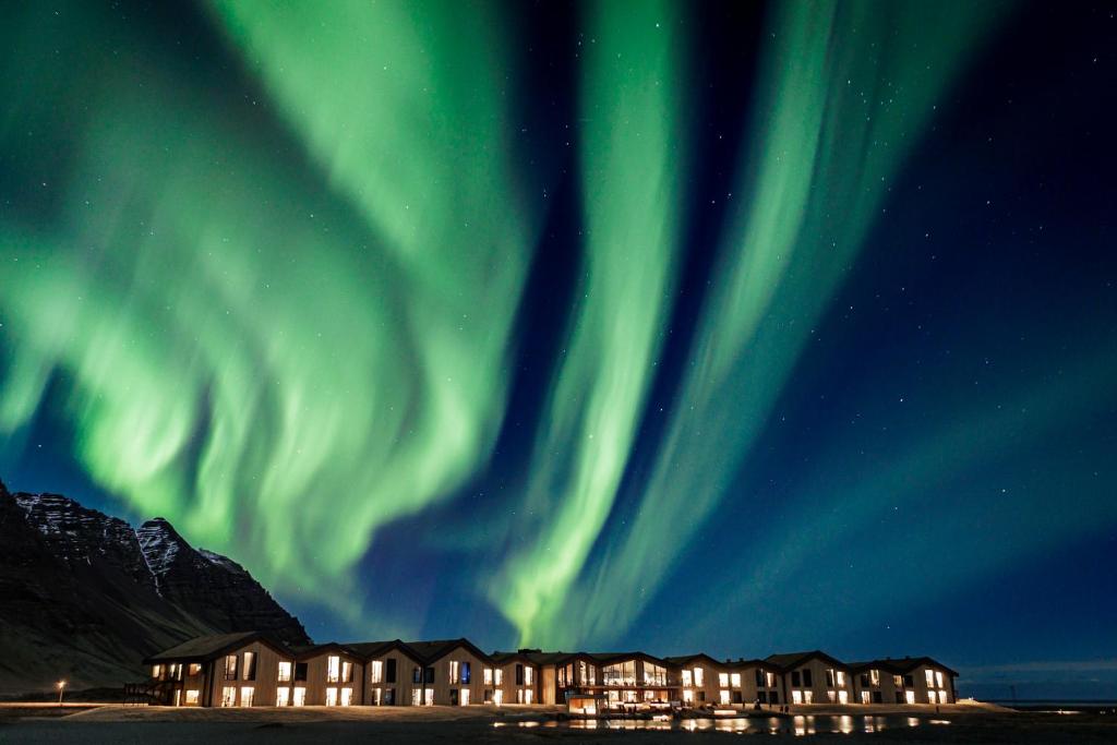 The Northern Lights dancing over Hotel Jokulsarlon in South Iceland The Northern Lights dancing over Hotel Jokulsarlon in South Iceland