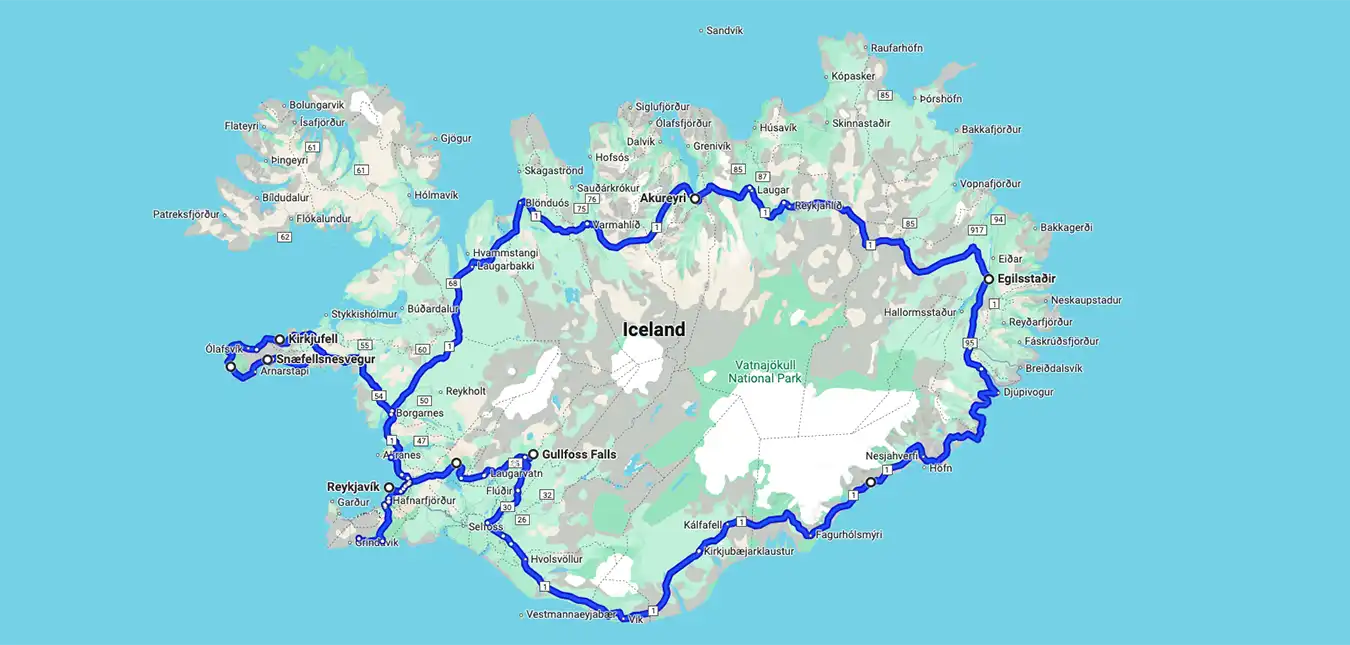 8-Day Around Iceland Ring Road and Snaefellsnes with Volcano Hiking Tour Route Map 8-Day Around Iceland Ring Road and Snaefellsnes with Volcano Hiking Tour Route Map