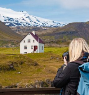 Arnarstapi fishing village and coastal line on Snaefellsnes Peninsula