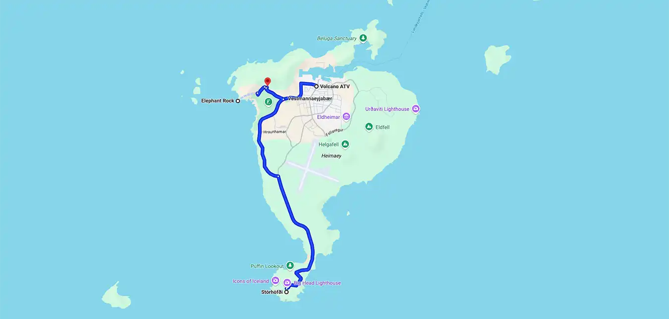 Puffins & Elephant Rock – Easy ATV Ride From Heimaey in Westman Islands route map Puffins & Elephant Rock – Easy ATV Ride From Heimaey in Westman Islands route map