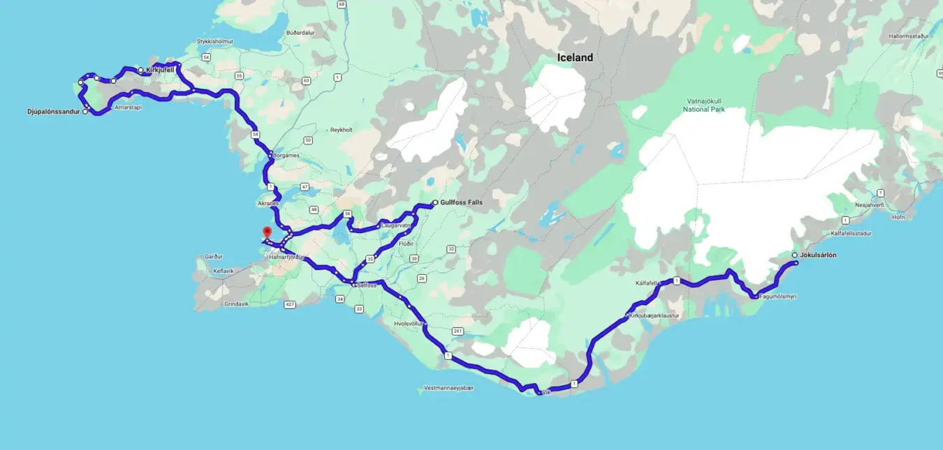 BusTravel 4 day golden circle south coast glacier lagoon snaefellsnes small group tour route map