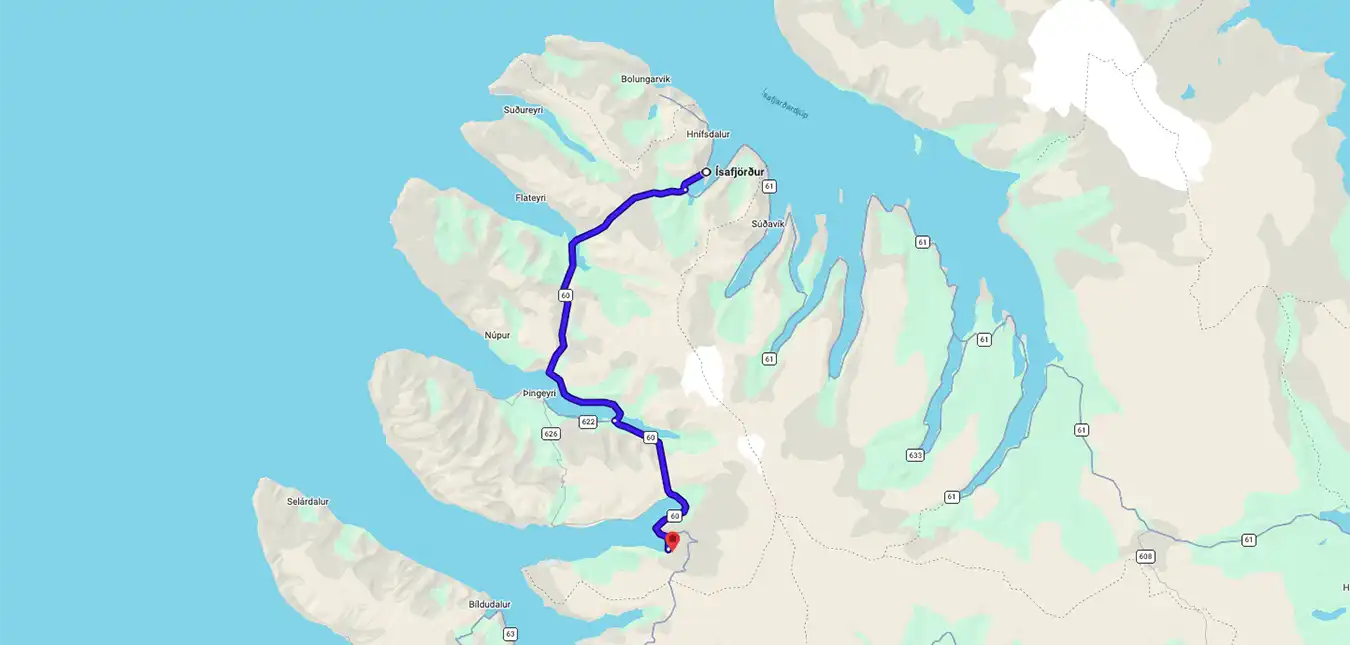 Iceland Total Solar Eclipse Tour from Ísafjörður with Dynjandi Waterfall route map Iceland Total Solar Eclipse Tour from Ísafjörður with Dynjandi Waterfall route map