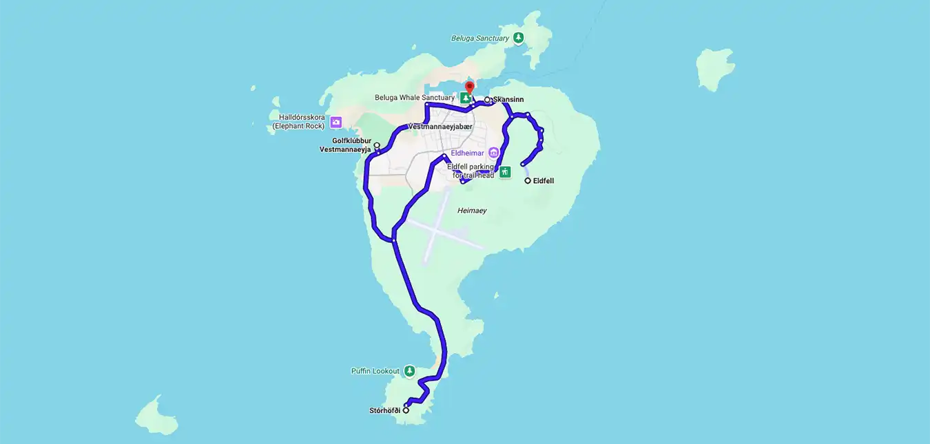 Westman Islands Puffins, Volcano & Elephant Rock Tour route map