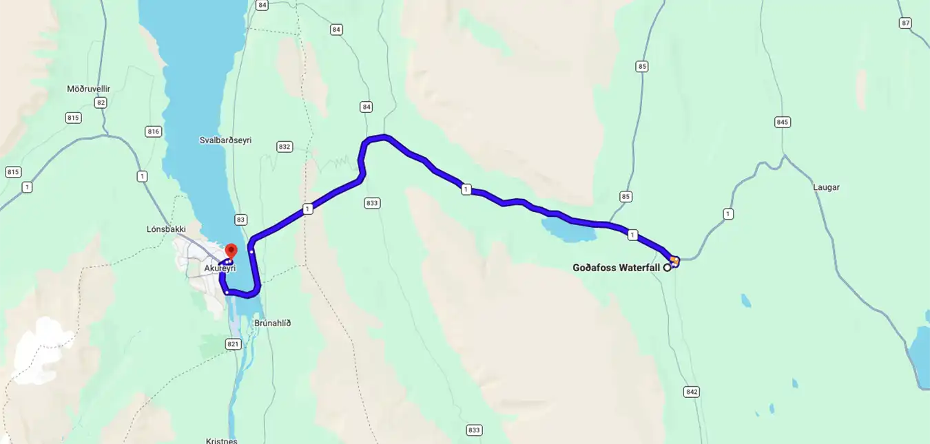 Goðafoss Waterfall Small Group Tour & Whale Watching from Akureyri route map